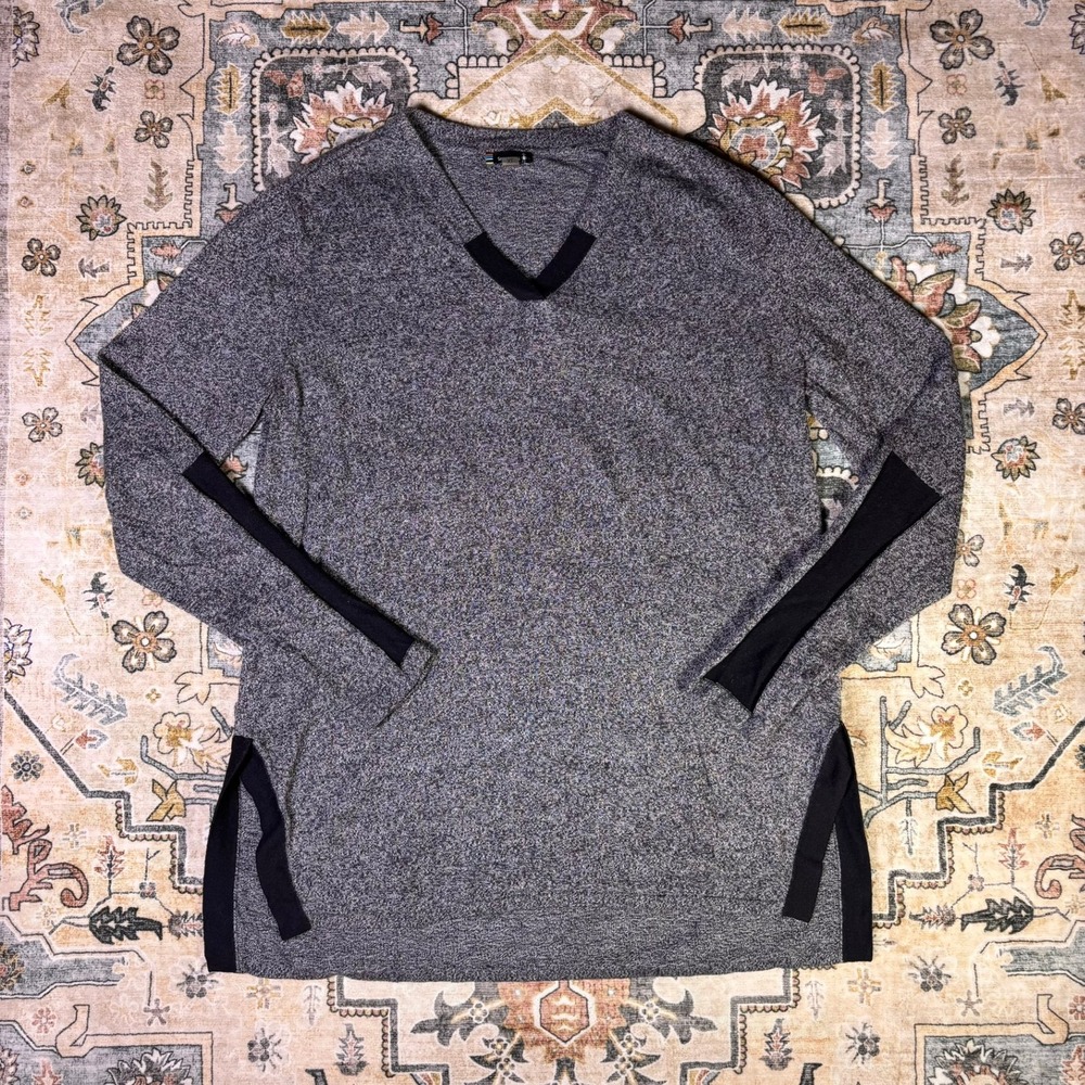 Smartwool Merino Wool Blend V-Neck Tunic Sweater Gray Black Trim XL Fall Winter